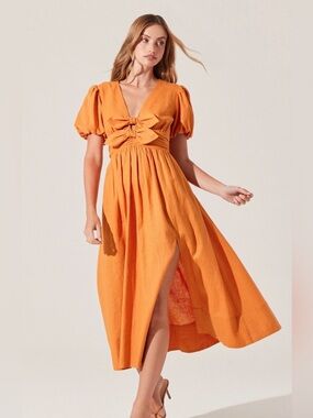 Anthropologie Astr the label Citrine Linen Bow Front Midi Dress size M orange